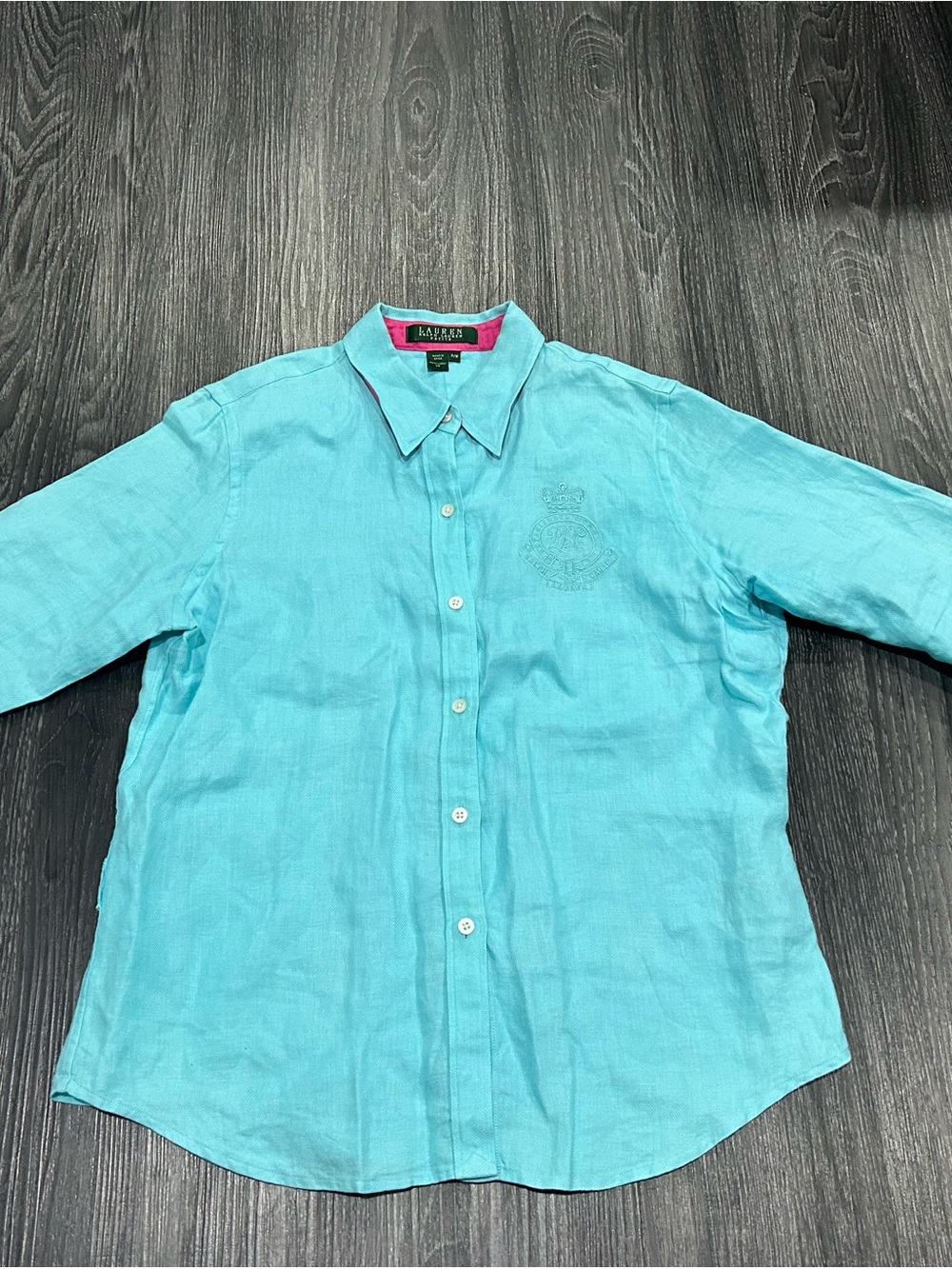 Ralph Lauren Turquoise Linen Button-Down Shirt with Crest size M/P Polo Shirt